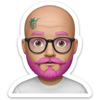 bald man with a pink beard, glasses, and face tattoos, Apple memoji emoji style sticker