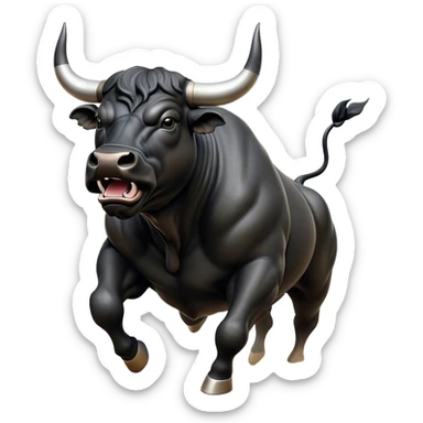​Cinematic Realistic Black Charging Bull, depicted in mid-charge with a powerful, muscular form and glossy black hide glistening under dynamic dramatic lighting, dust and motion captured mid-air to exude raw strength and unbridled energy on an expansive arena, sticker