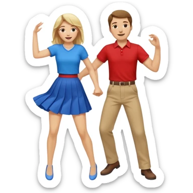 Two people dancing. Man in red shirt and pants with brown hair. Women in blue shirt and skirt with blond hair. sticker