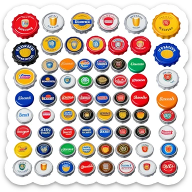 Icon for Beer Cap Collecting: a collection of colorful beer caps from different brands, arranged neatly on a table or in a display case. The icon should reflect the variety and charm of beer cap collecting. Transparent background. sticker