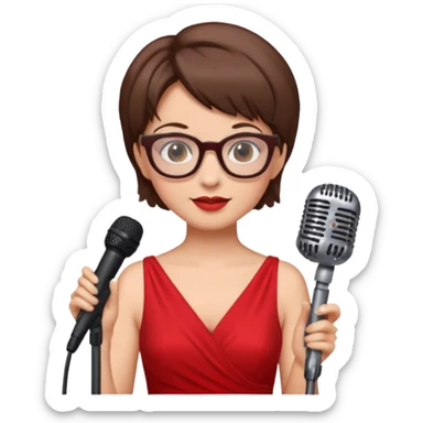 singer, Old, brown short hair, holding mic, red dress, glasses sticker