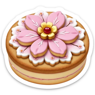 Realistic shortbread cookie in the shape of a cherry blossom with pale pink color jelly middle filling and sprinkled powder sugar on top. sticker
