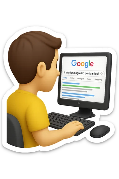 emoji stile iphone di un uomo davanti al pc che cerca di google: "Il miglior magnesio per la stipsi", iperrealistico 4k sticker