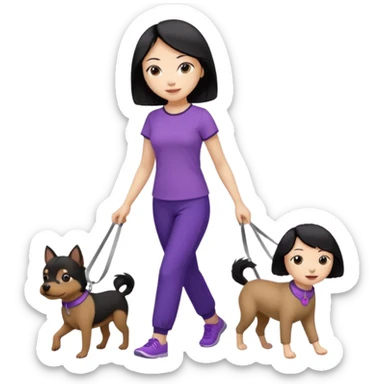 black hair Chinese woman wearing purple top and black pants walking one small brown dog sticker