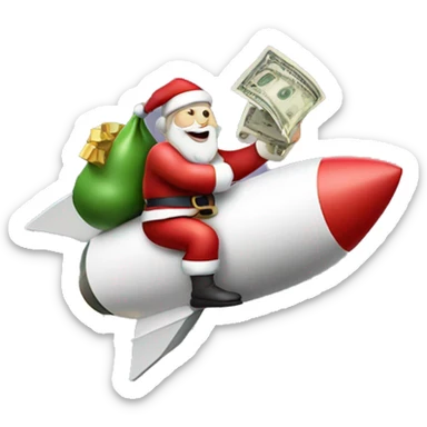 santa riding a rocket whilst holding a sack of money sticker