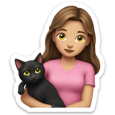 1 brown haired girl green colored eyes in a pink shirt snuggling black cat with yellow eyes sticker