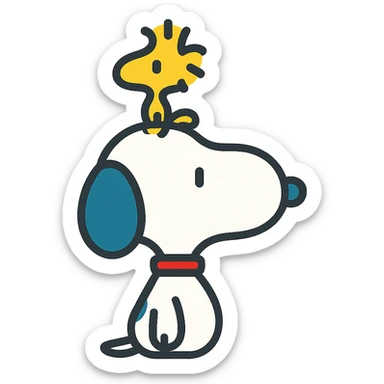 Snoopy, outlined and colorful, with a yellow bird on his head sticker