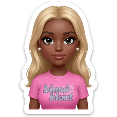 doll body , dark brown eyebrows, dark skin girl, pearl earrings stud, Long giant lashes, bimbo, black doll eyes, barbie, dark brown skin, with blonde hair, big breast, pink 2000s t shirt says on the sparkling text “bimbo blunt” on playboy logo sticker