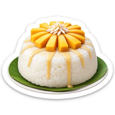 cinematic-realistic-mango-sticky-rice-dessert-emoji,-showcasing-sweet-sticky-rice out of a mould-paired-with-ripe-mango-slices-and-coconut-milk-rendered-with-lifelike-detail-and-warm,-inviting-lighting with the coconut  milk over the rice sticker