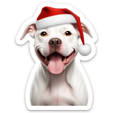 White pitbull dog wearing a Santa hat sticker