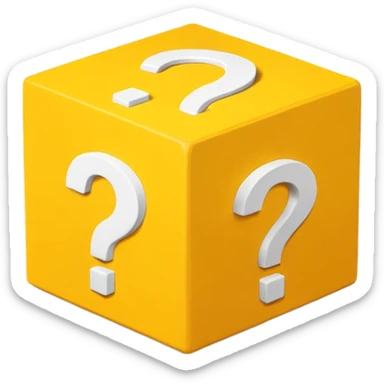  yellow cube shaped box over stuffed with white question mark cubes sticker