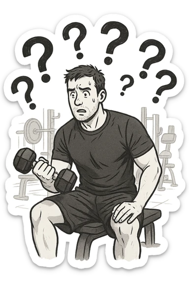 Uomo in palestra mentre si allena con tanti punti interrogativi intorno, confuso sticker