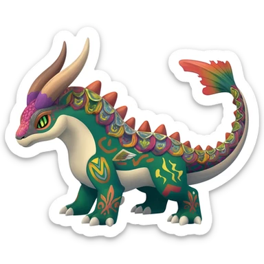 Colorful Exotic La Creatura Pokémon-Fakémon-hybrid-creature (full body) with tribal intricate splash-markings and patterns and furs and scales and spikes and fins and horns  sticker