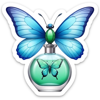 A glass perfume bottle with a soft blue ribbon tied around its neck, with a green and blue butterfly nearby. sticker