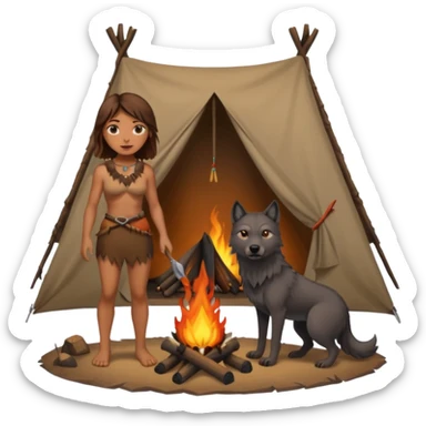 a NEANDERTHAL WOMAN WITH BROWN HAIR STANDING BY A FIRE AND TENT WITH BLACK WOLF sticker