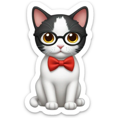White and black cat wearing a red bow tie and glasses sticker