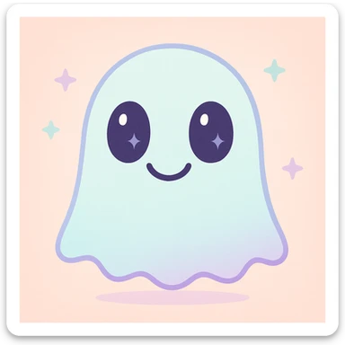 a cute ghost with a horror twist, big eyes, slightly creepy smile, floating, subtle spooky details sticker