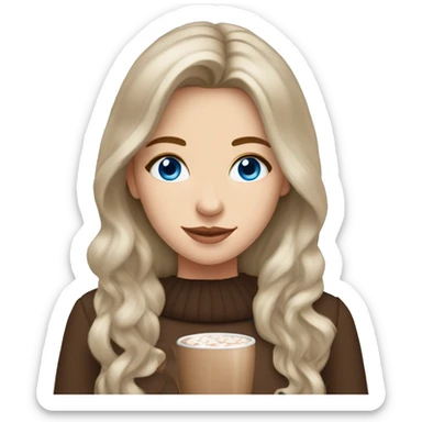 white girl with brown long hair, blue eyes and a hot chocolate sticker