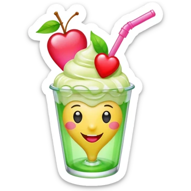 Create an emoji with a clear rounded glass, bright transparent green soda, vanilla ice cream scoop, two red cherries, pink heart-shaped straw, simple shapes, bright colors, glossy, kawaii style, centered, transparent background
 sticker