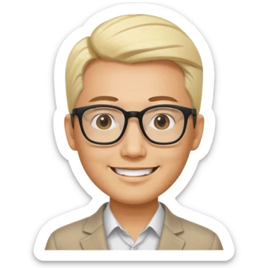 Asian man, 35 years old, consultant, short slicked-back blond hair, big glasses, smiling eyes sticker
