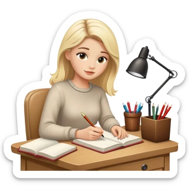 pretty blonde model journaling at a cozy writing desk  sticker