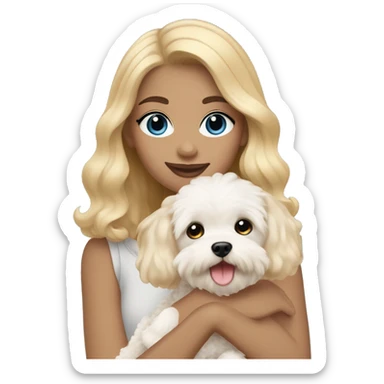 girl with blue eyes and blonde hair holds dog maltipoo cream color hair sticker