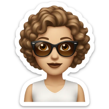 white woman with long brown curls, with brown rayban clubmaster sunglasses sticker