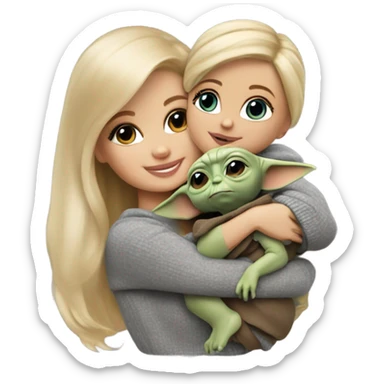 Blonde Barbie wearing gray sweater, holding Grogu (baby yoda) sticker