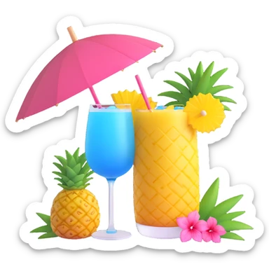 a pineapple and a vibrant tropical fruity blue cocktail with hibiscus, pineapple slice, and paper umbrella garnish sticker