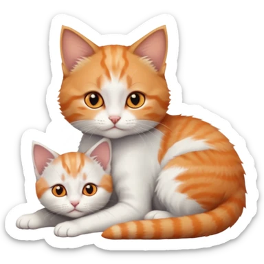 full body of very small + skinny ginger and white kitten with deep orange eyes and triangular shaped face lying down cuddling a grey and white kitten who is a bit bigger than him sticker