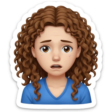 white young curly long hair girl, brown hair, with a blue shirt, in despair crying, brown eyes, septum sticker