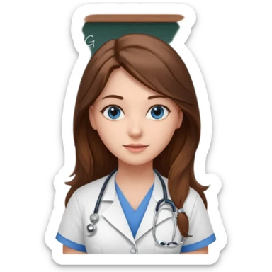 university classroom that says nursing school on the blackboard with a pretty female nursing student with long brown hair, blue eyes sticker