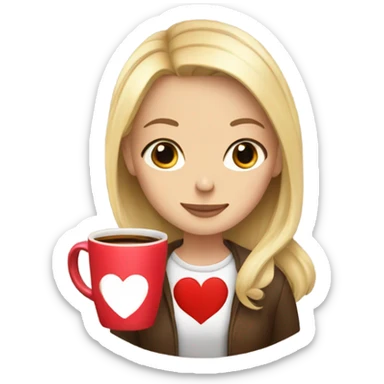 Girl with blonde hair holding a mug with coffee in it that has a heart on the top of the latte sticker