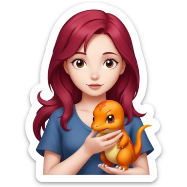 Beautiful burgundy haired girl holding charmander sticker