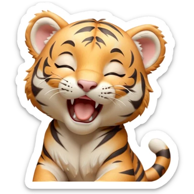 Cinematic Cute Yawning Tiger Cub Portrait Emoji, Head tilted slightly with a dramatic, wide-open yawn, showcasing a small, plush body with drowsy, half-closed eyes and an open, relaxed expression, Simplified yet irresistibly adorable features, highly detailed, glowing with a soft, cozy wild glow, high shine, relaxed yet expressive, stylized with a dash of whimsical jungle charm, soft glowing outline, capturing the essence of a drowsy yet affectionate tiger cub that appears ready to stretch out for a nap! sticker