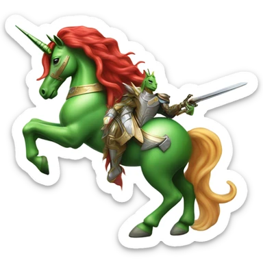 four-legged red unicorn a green amazon alien woman, on a unicorn sticker
