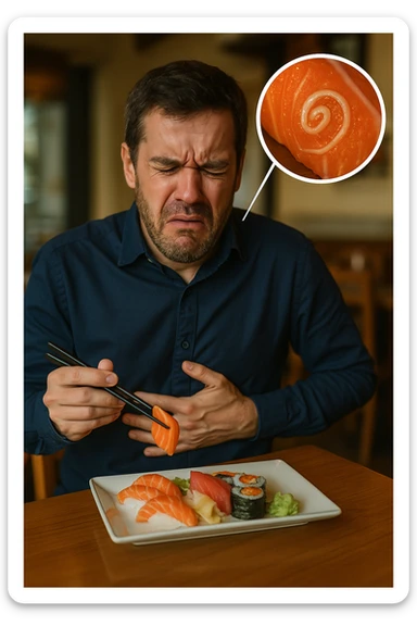 a man sits at a restaurant table, eating a plate of raw fish (such as sushi or sashimi). In a magnified inset, an Anisakis larva is visible inside a piece of fish. The man’s expression changes from enjoyment to sudden discomfort, holding his stomach with a pained look. The background is softly blurred, focusing on the man and the food. in italiano sticker