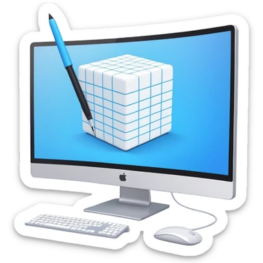 Create an emoji for 3D visualization and modeling. Show a 3D cube or object with grid lines and a modeling tool (e.g., a mouse or stylus) on big curved monitor. Use modern, professional colors. Do not include any emojis or smiley faces. Make the background transparent. sticker