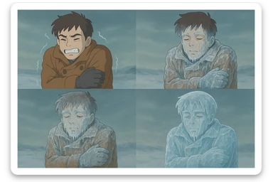 a man freezing step by step, from shivering to encased in ice, ghibli style, soft colors sticker