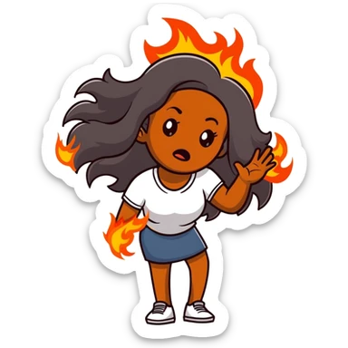 African American woman with long hair, frustrated expression, hair on fire sticker