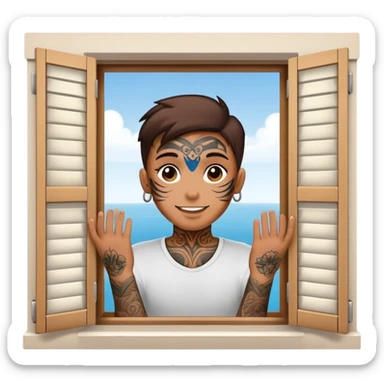 person with face tattoo looking out of window and he is opening shatters happy sticker