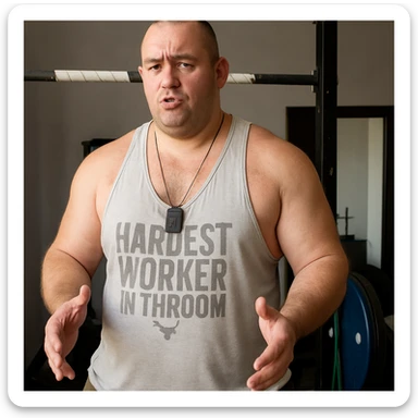 Create a realistic version of the man in the reference photo with a muscular physique but visible body fat, maintaining the original pose and expression. sticker