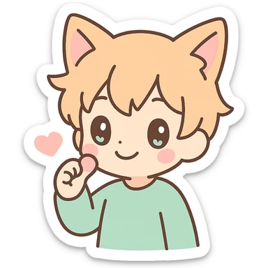 sweet anime-inspired boy with fox ears, smiling, showing affection sticker