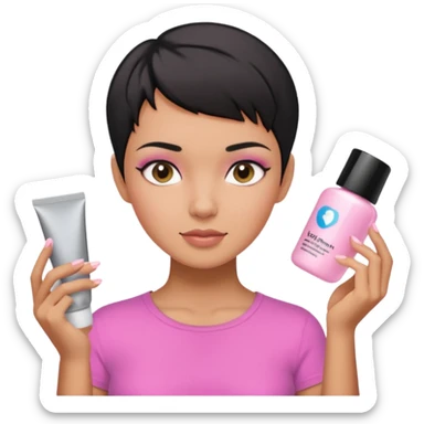 tan girl pink shirt with black hair & a pixie, doing her skin care sticker