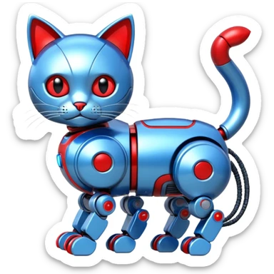 generate robot cat, glossy, realstic, red and blue color, write on text "LMX" sticker