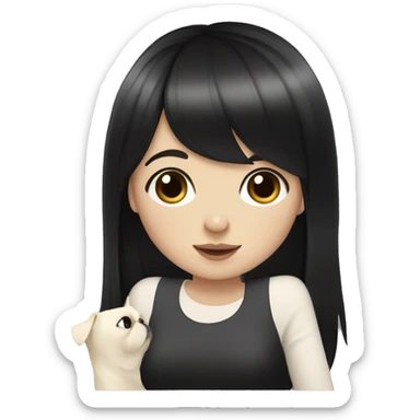 girl with long black hair and bangs holding white pug sticker