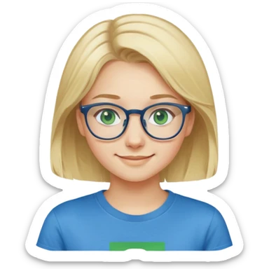 girl 17 years old. blond hair green eyes. glasses for vision gray color. in a blue T-shirt. white skin color smiles  sticker