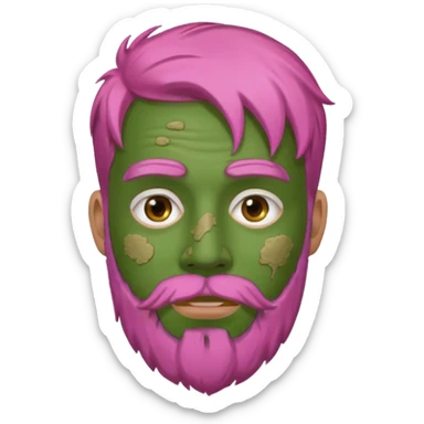pink haired man with full full face dirty messy green clay mask and beard sticker