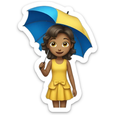 a girl in a yellow dress with a blue umbrella sticker