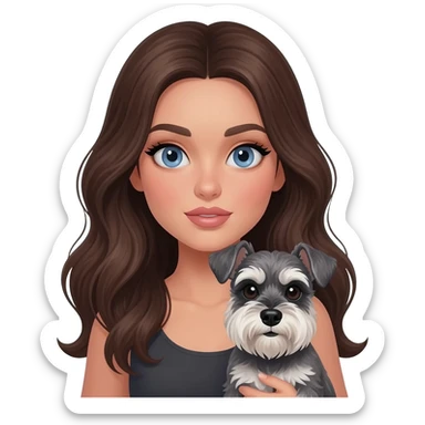 Brunette slate blue eyes white girl with long slightly wavy hair and thick eyeliner full lips holding a salt and pepper miniature schnauzer sticker